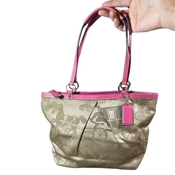 Coach Handbags - Coach Satin Khaki Horse Carriage Pleated Tote Bag